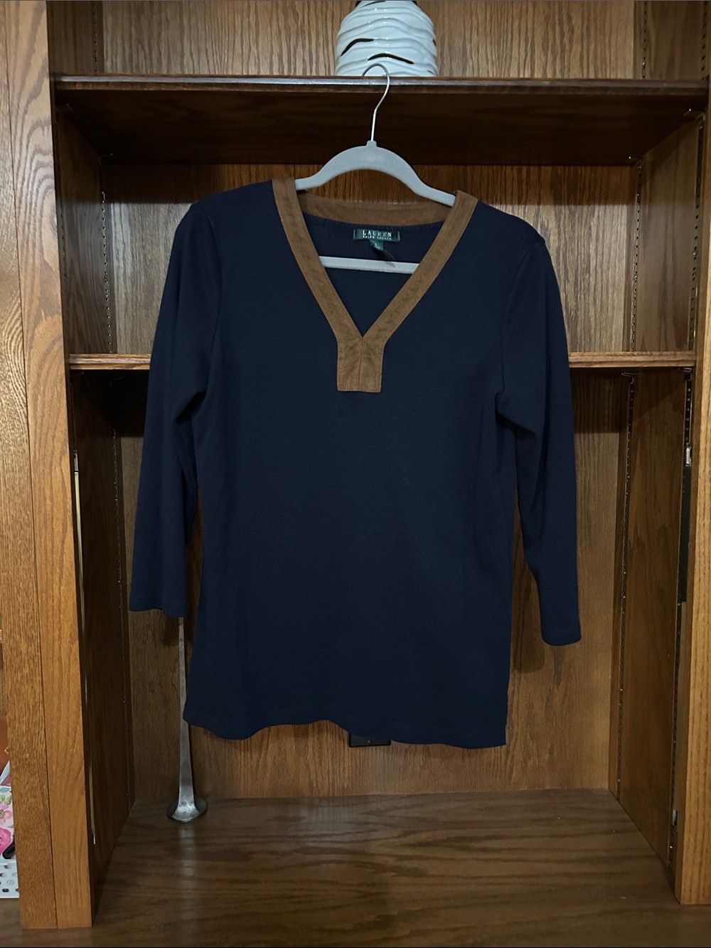 Lauren Ralph Lauren Navy Long-Sleeve V-Neck Top with Brown Trim